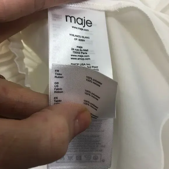 Maje Top Lamou Blouse Bow Back White High Neck Ruffle Pleated Short Sleeve